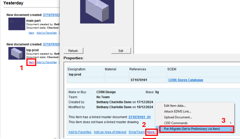 Access to Pre-migrate tool from a document search result