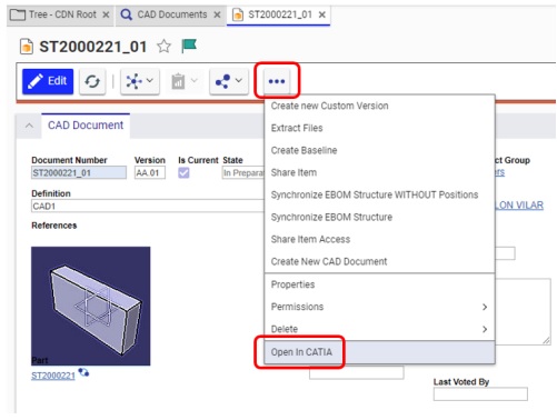 Open in CATIA command from the CAD Document Profile Card